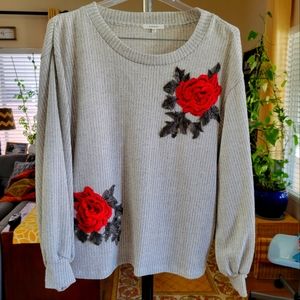 Pleione Rose Embroidered  Puff Sleeves lightweight oversize sweater